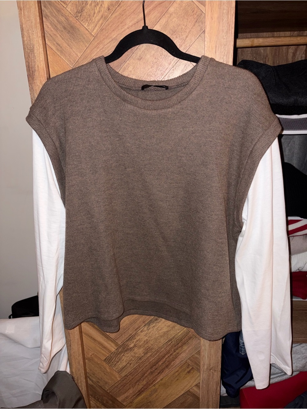 Zara Sleeveless Knit Layered Top in Brown with White Sleeves